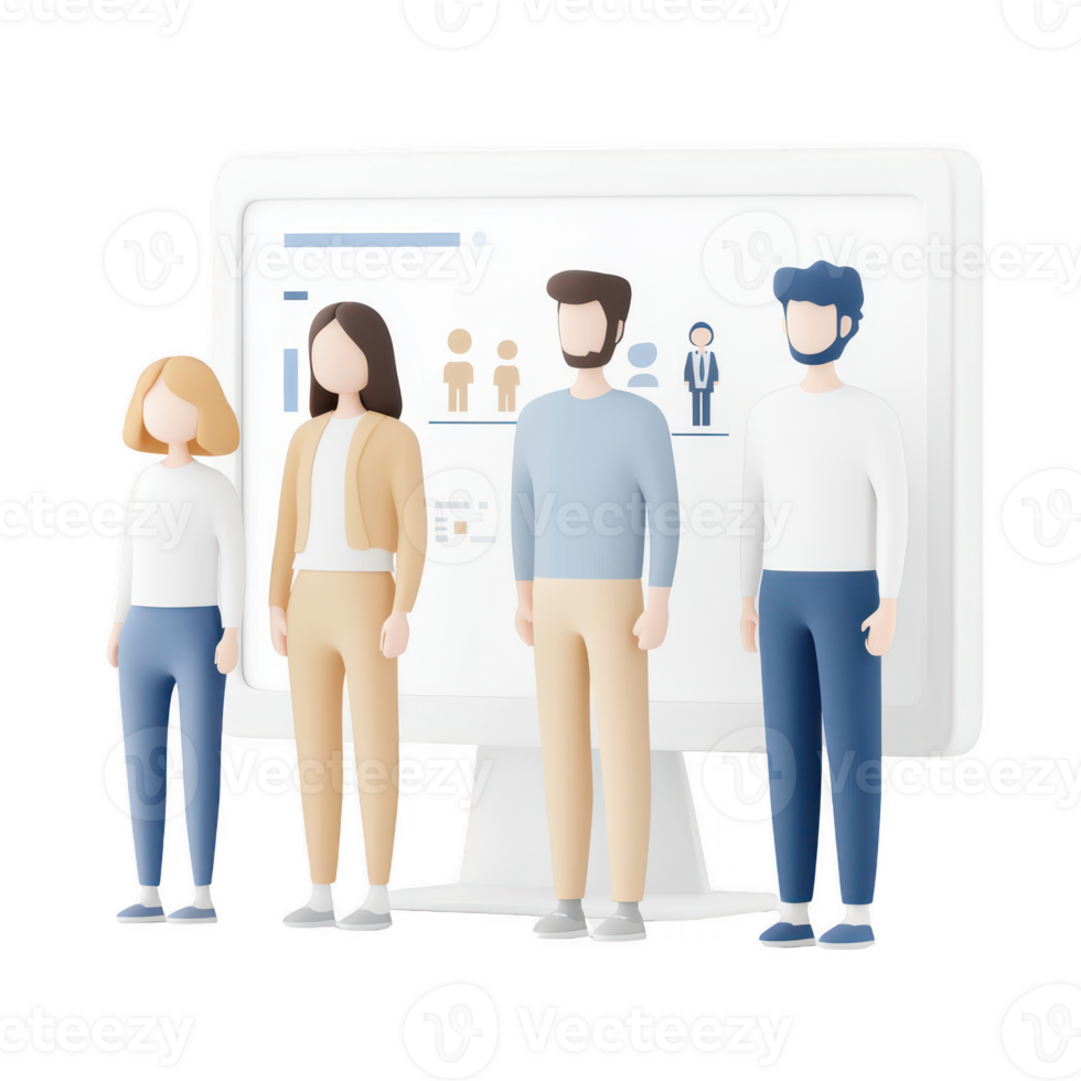 Diverse team of professionals standing together in front of a computer screen. png