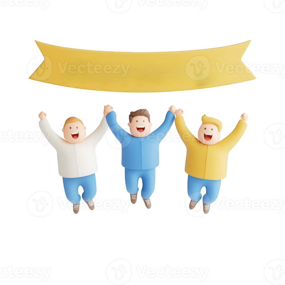 Three cheerful cartoon characters celebrating with raised hands under a banner. png