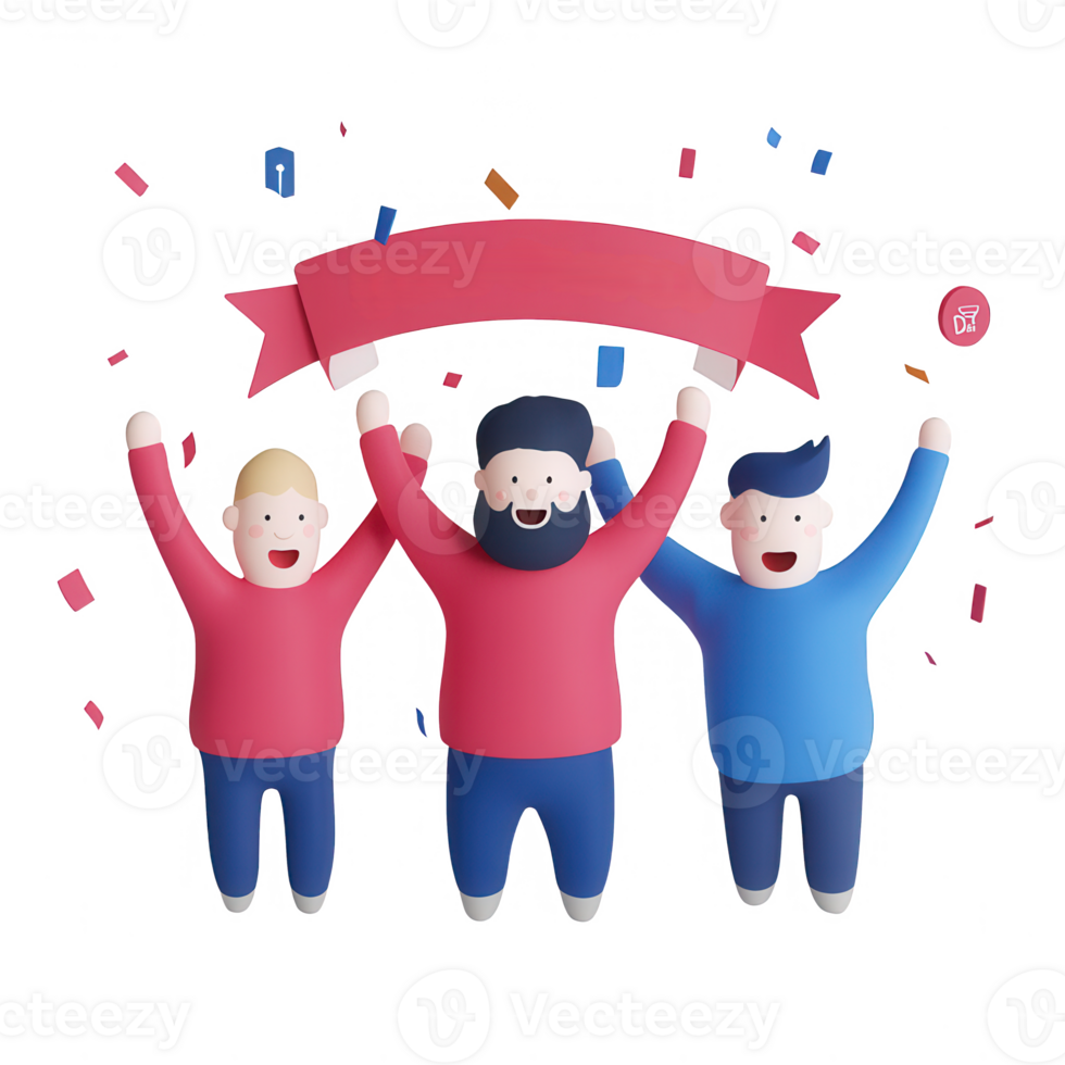 Three cheerful characters celebrating with a festive banner and confetti. png