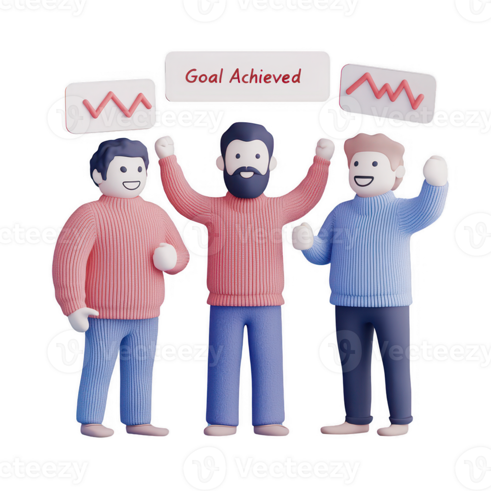 Three animated characters celebrating a business goal achievement together. png