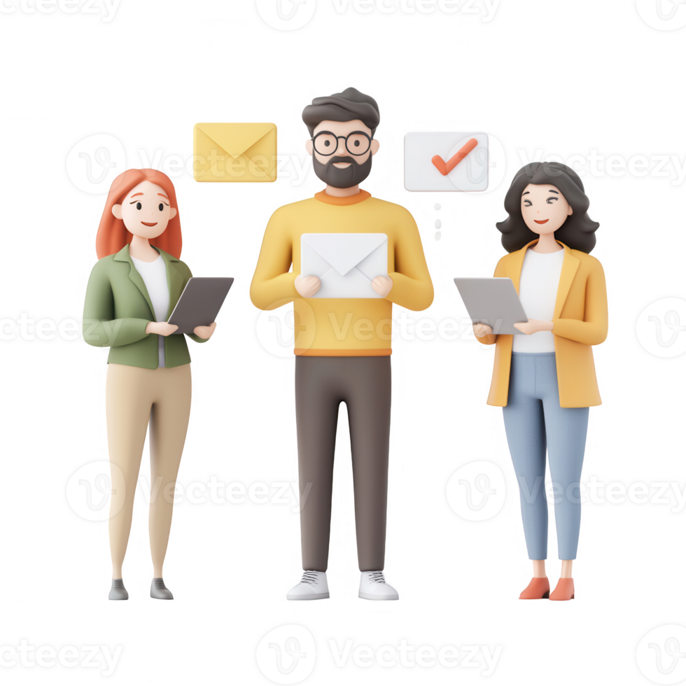 Three diverse characters engaged in digital communication and collaboration. png
