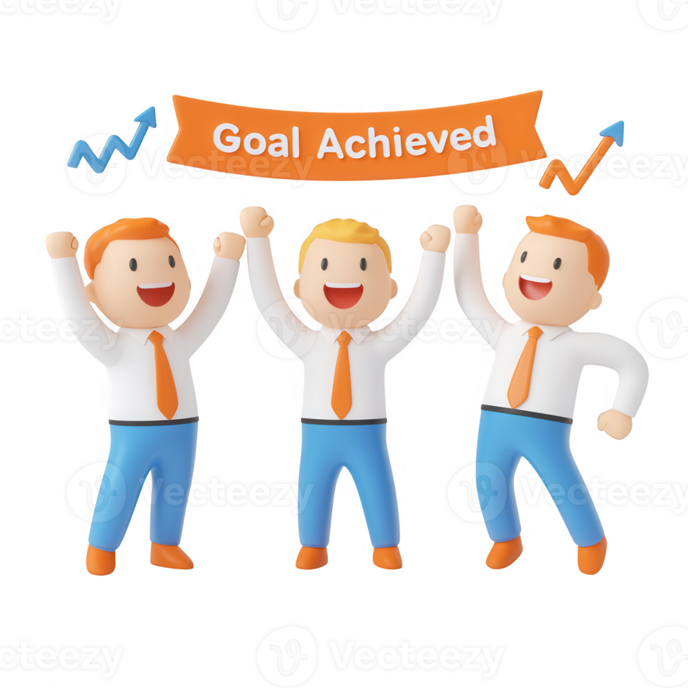 Three cheerful business characters celebrating achieved goals enthusiastically. png