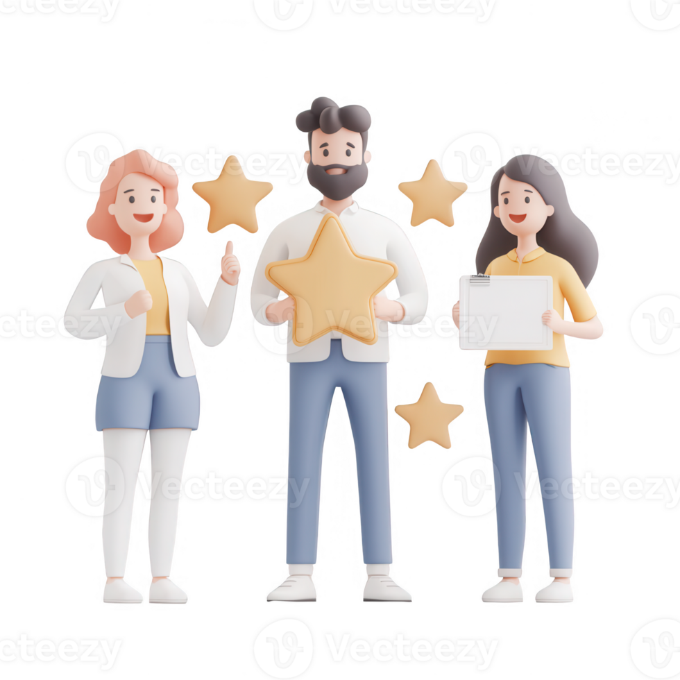 Three individuals celebrating achievements with stars and smiles in a cheerful setting. png