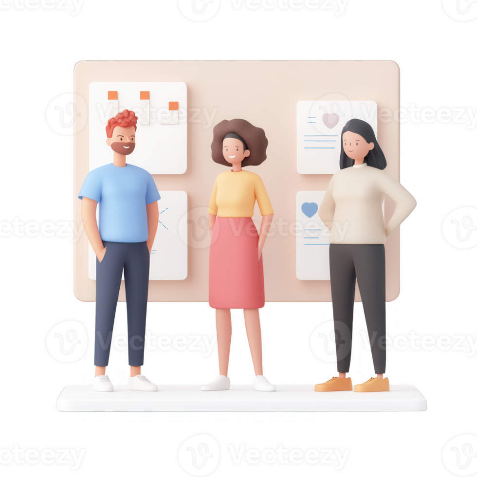 Three diverse people discussing ideas in a modern workspace. png