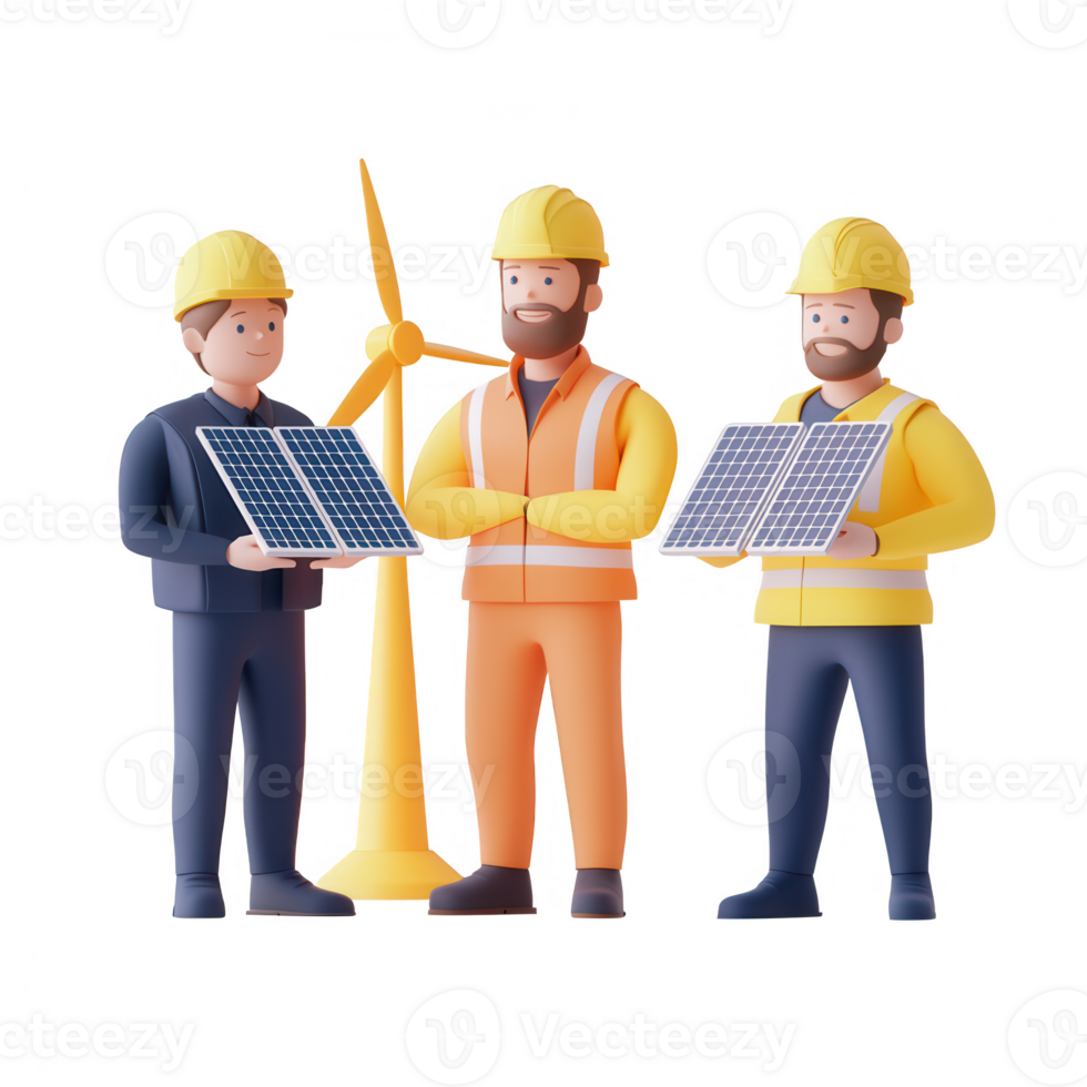 Three engineers with solar panels and wind turbine promoting renewable energy solutions. png