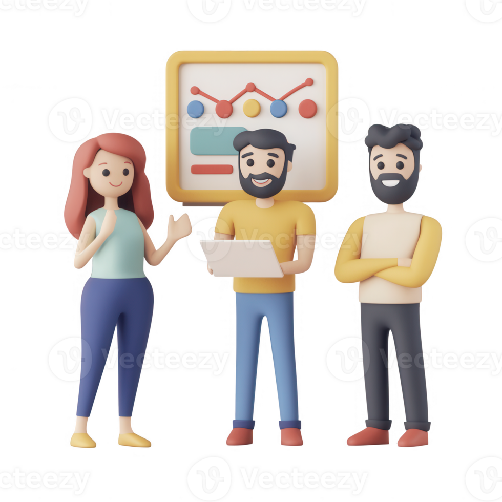 Three diverse professionals collaborating on a data presentation. png