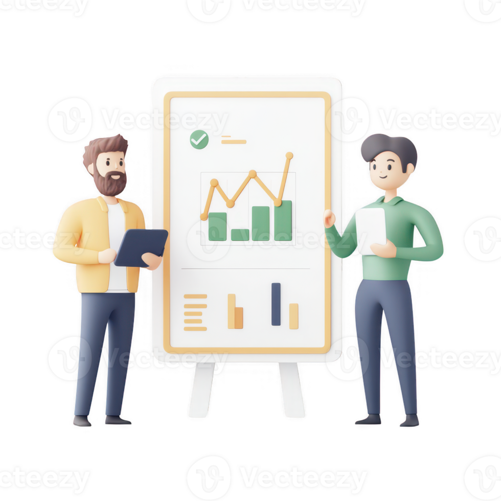 Two professionals analyzing data on a digital display with financial graphs. png