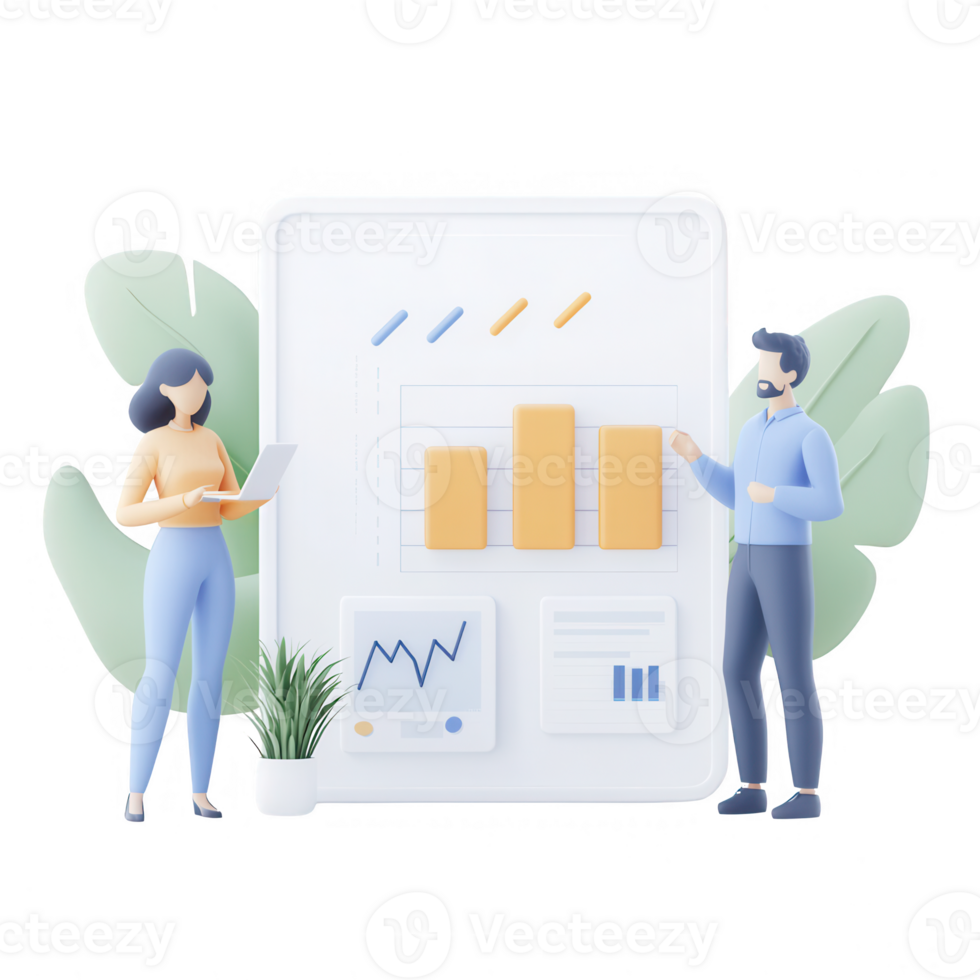 Two professionals analyzing graphs and charts for strategic planning. png