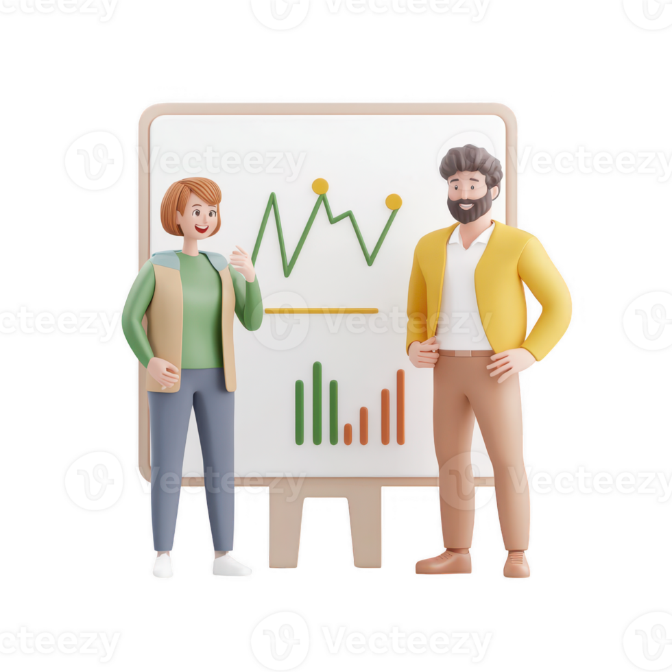 Two cheerful characters discussing growth charts in a business environment. png