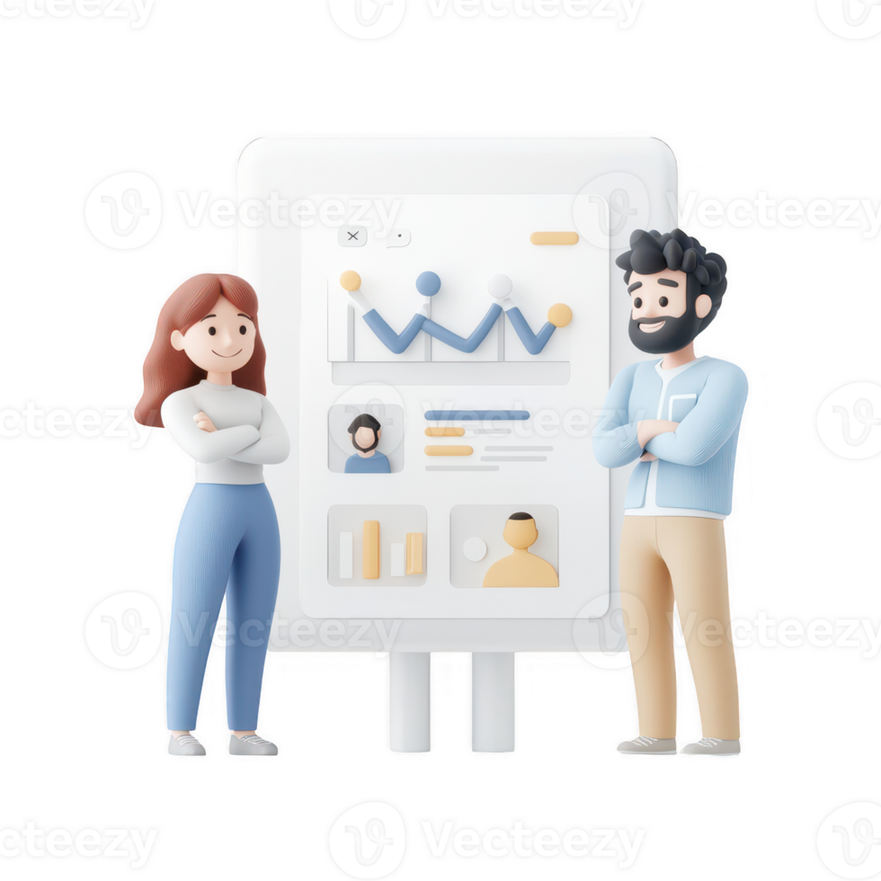Two characters analyzing data on a digital interface for effective decision-making. png