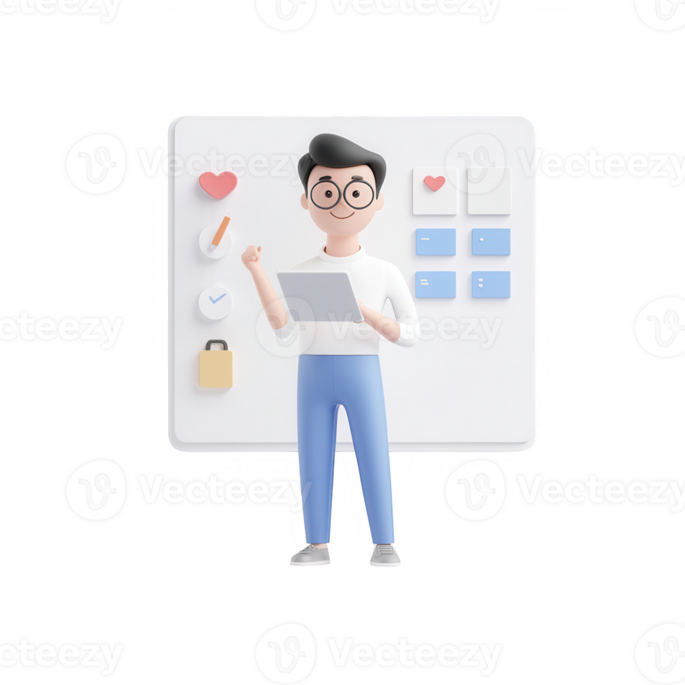 A 3D character analyzing data on a digital tablet in a modern workspace. png