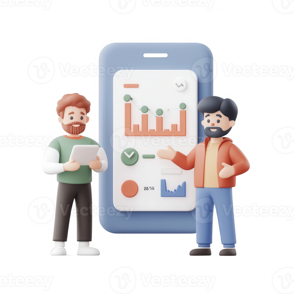 Two colleagues discussing data from a smartphone in a modern office setting. png