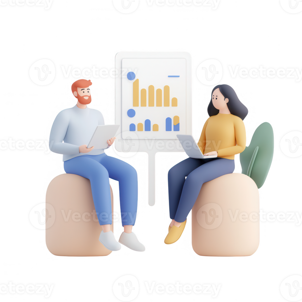 Two people discussing data insights using a digital presentation tool. png
