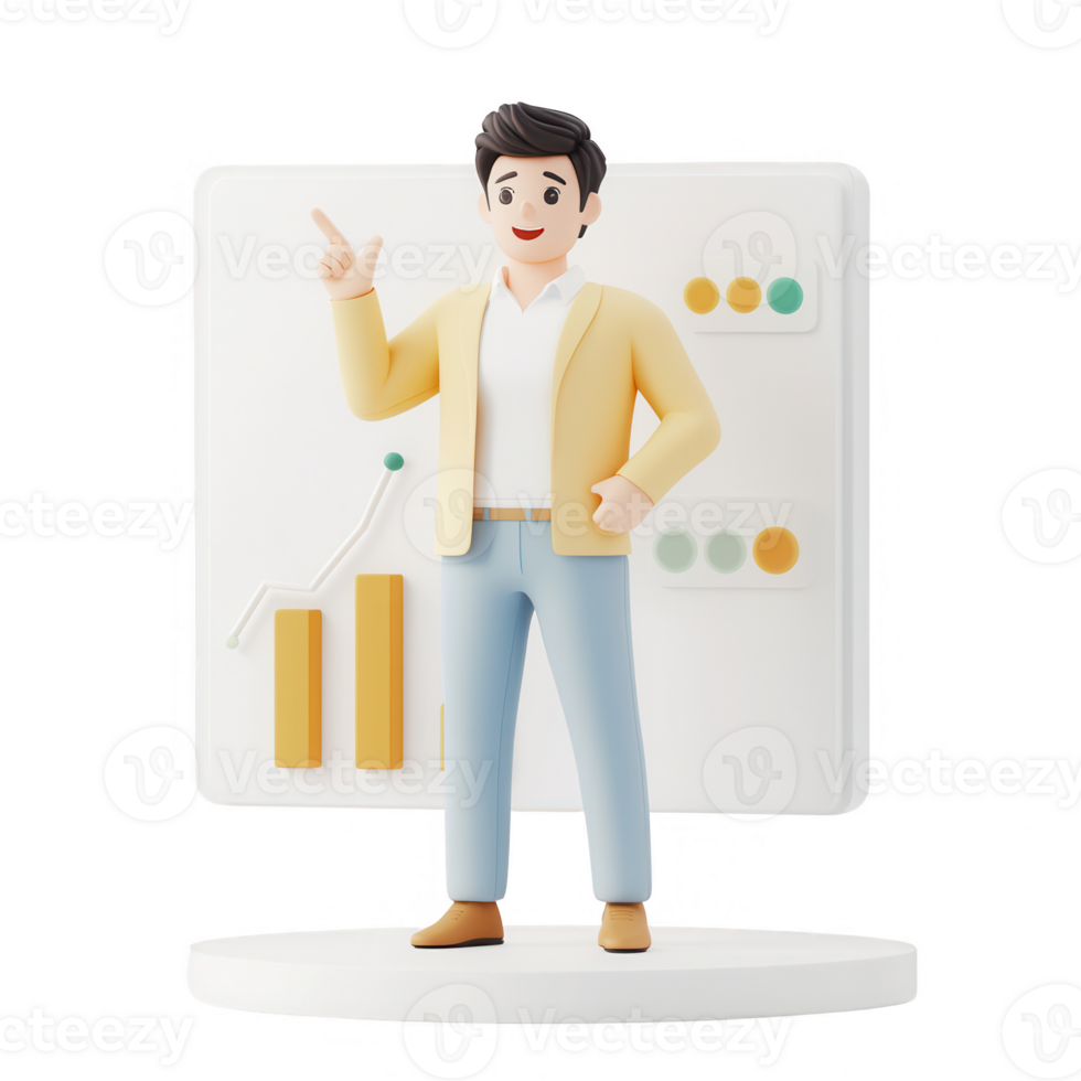 A 3D character presenting data insights with graphs and charts for business contexts. png