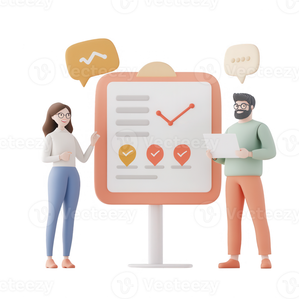 Two professionals discussing a growth chart on a digital presentation board. png