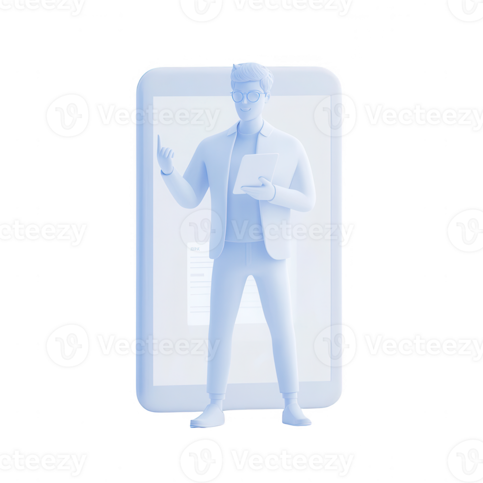 A 3D model of a businessman interacting with a digital tablet interface. png