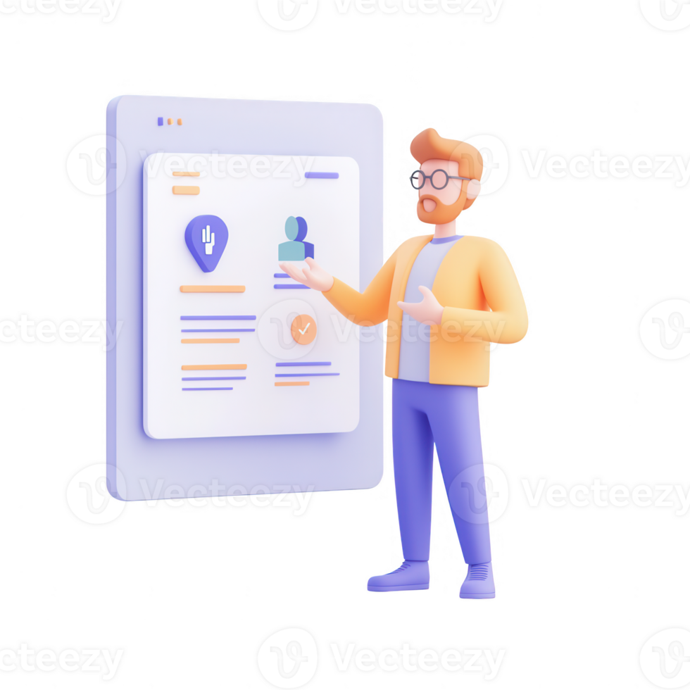 A 3D illustration of a man explaining a digital interface with key features. png