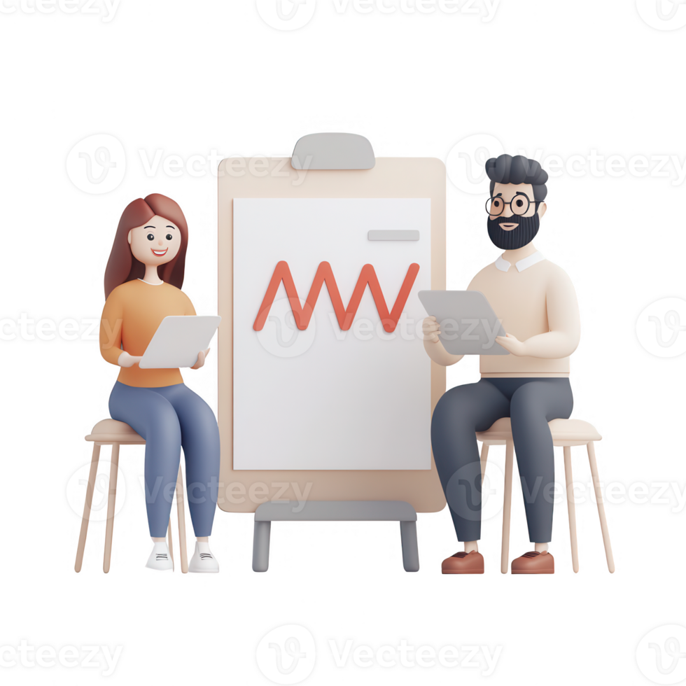 Two professionals discussing data on a flip chart with tablets in hand. png