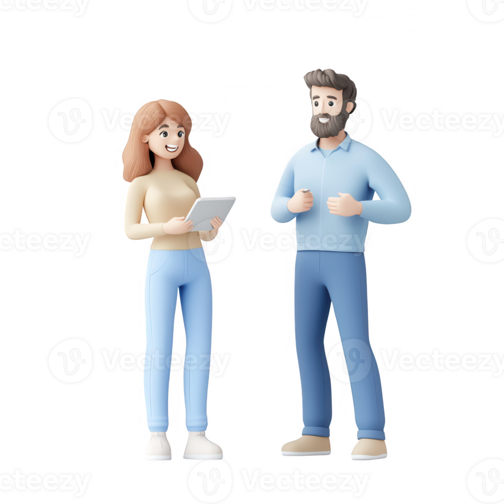 Two professionals engaging in a casual business discussion with a tablet. png