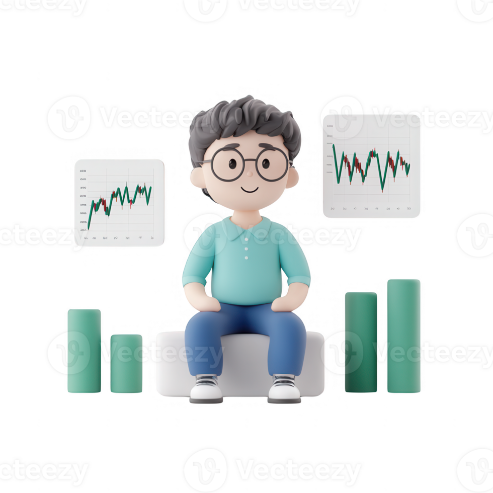 A cartoon character analyzing financial data with graphs and charts. png