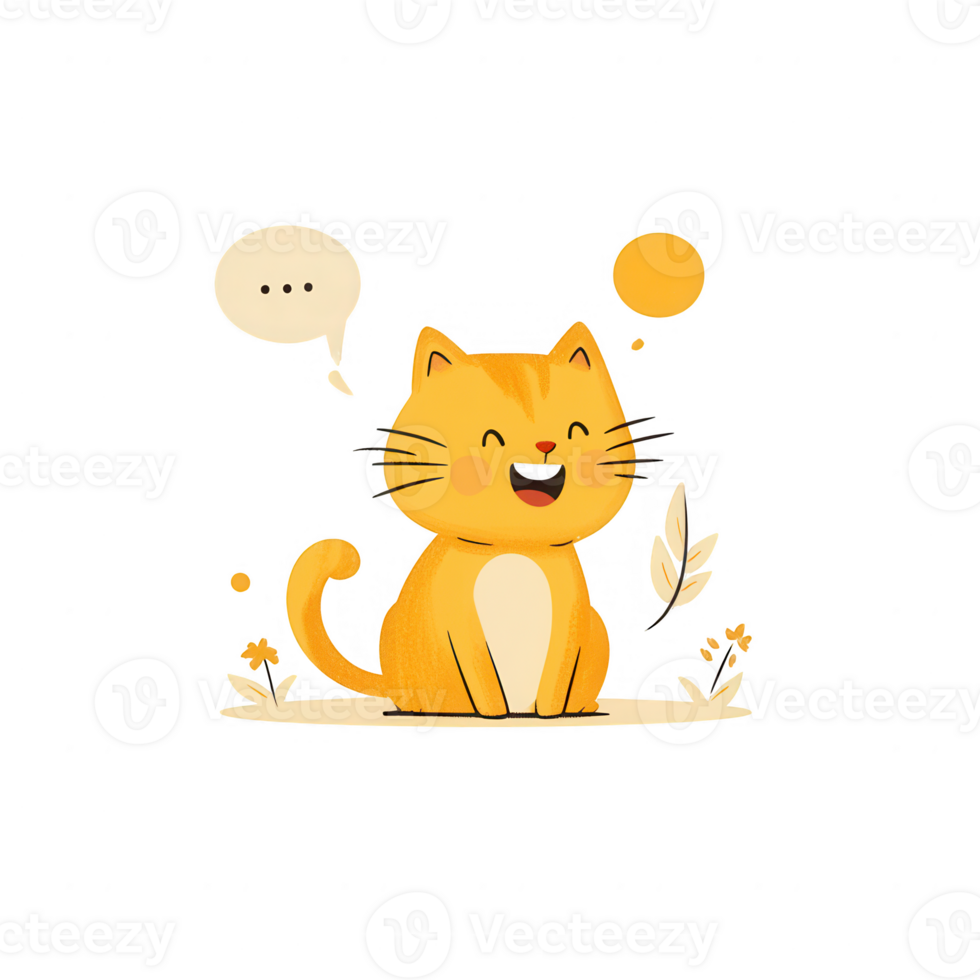 A cheerful cartoon cat sitting with a playful expression and speech bubbles. png