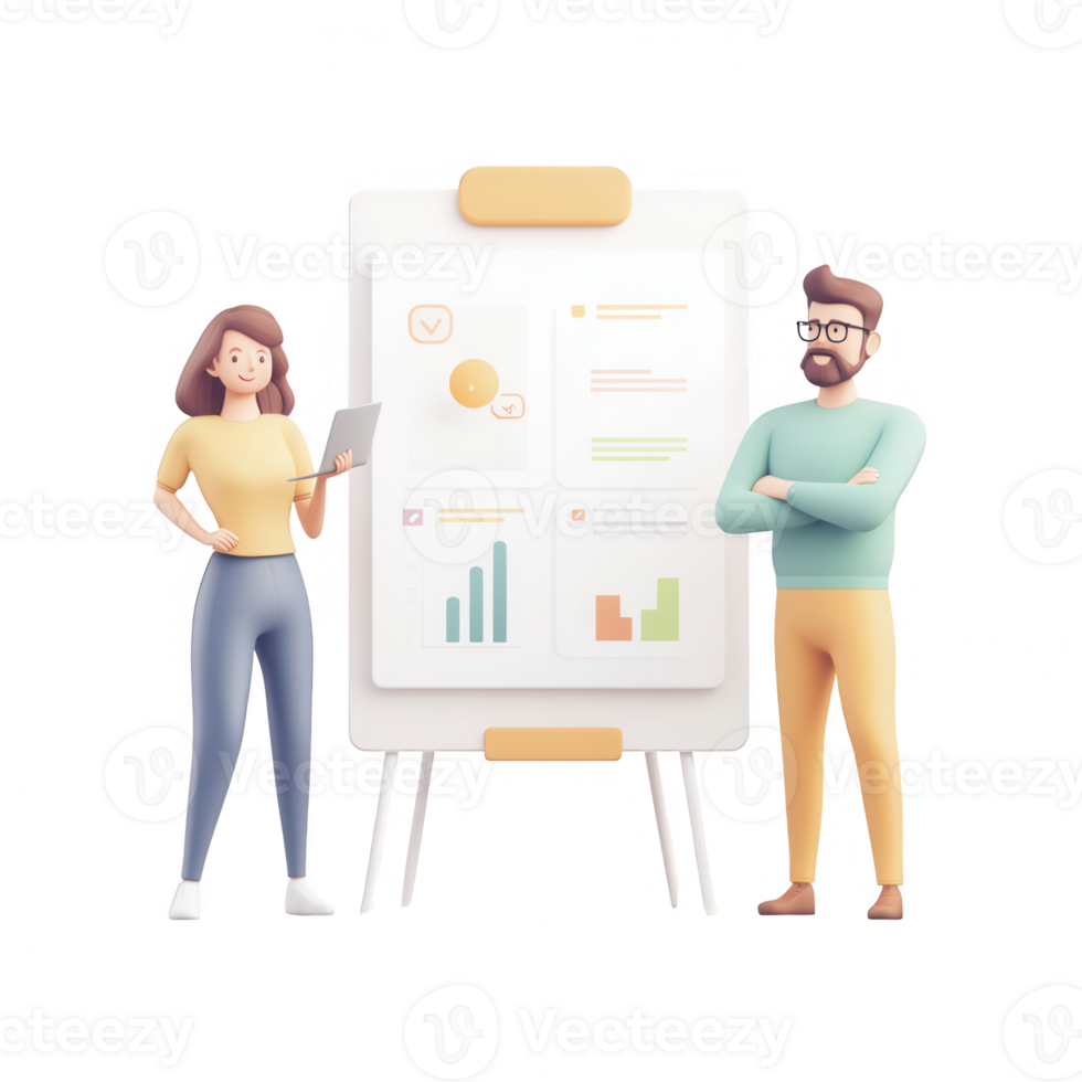Two professionals presenting data on a whiteboard in a modern office setting. png