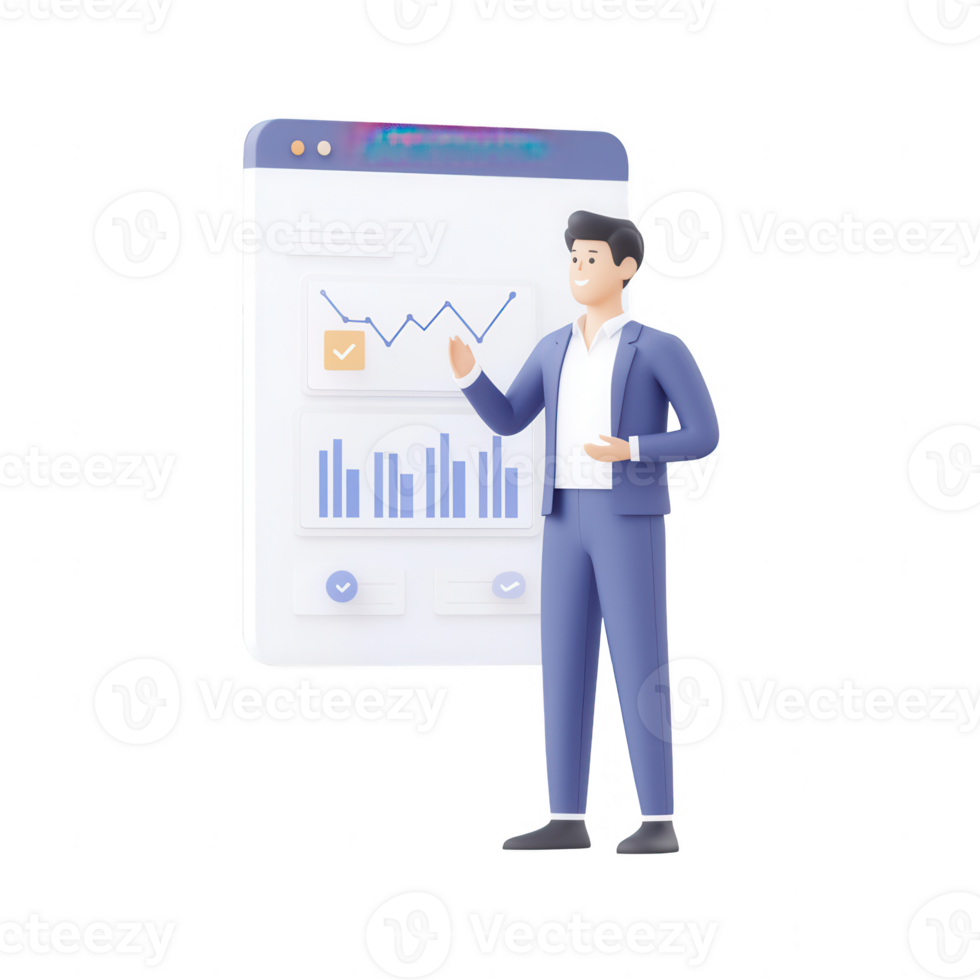 A professional man presenting business growth data on a digital screen. png