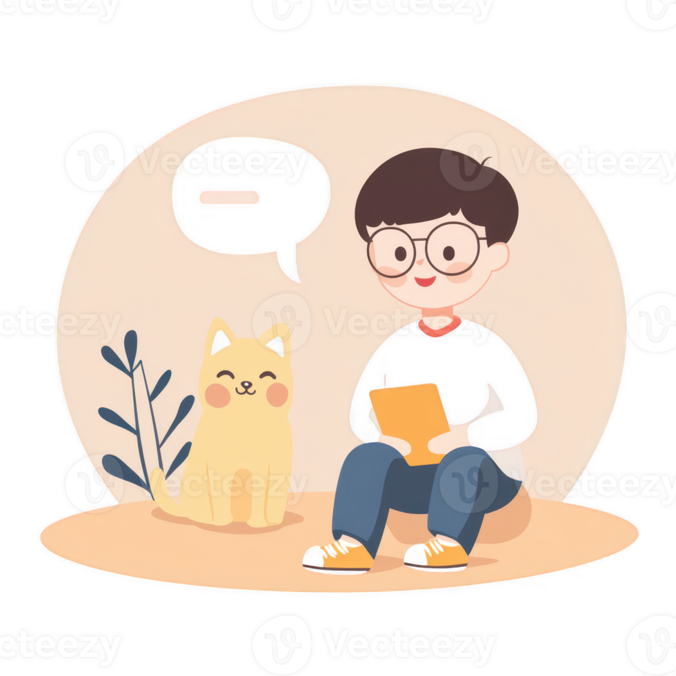 A young person happily reading with their cheerful cat by their side in a cozy setting. png