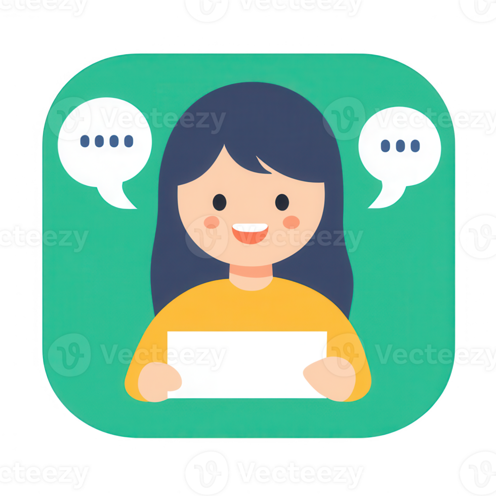 Cheerful woman holding a blank sign, smiling with speech bubbles around her. png