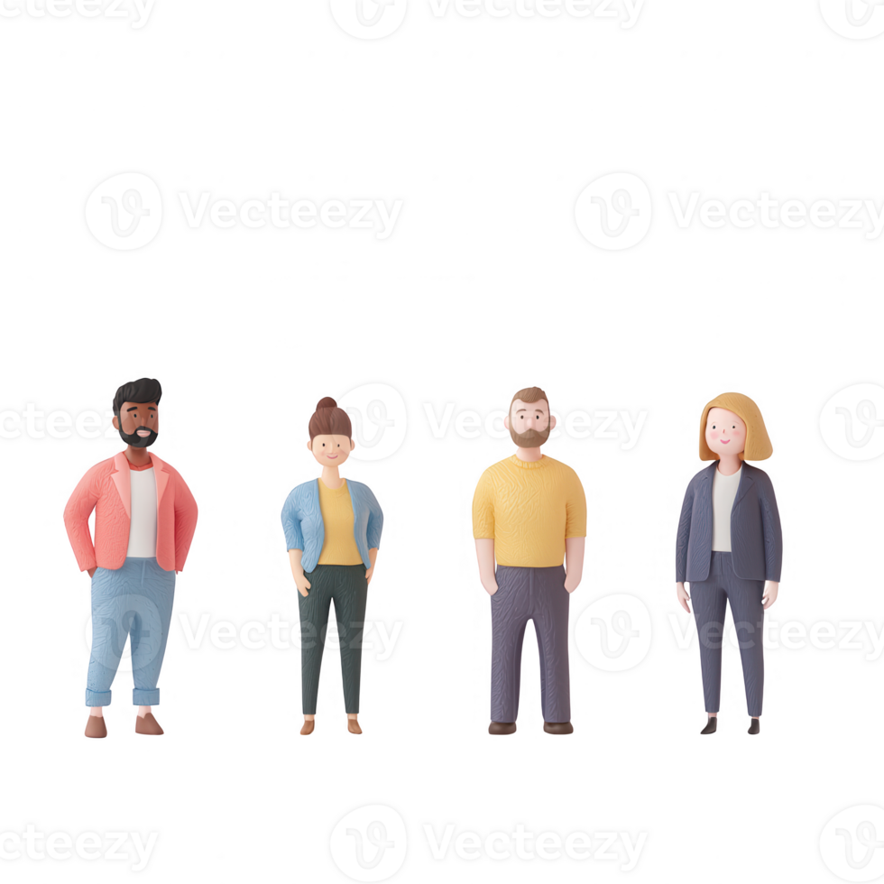 A diverse group of four stylized characters standing together. png