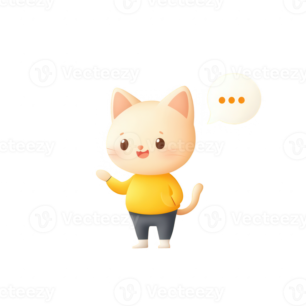 Cute cartoon cat character wearing a yellow sweater, expressing curiosity with speech bubble. png
