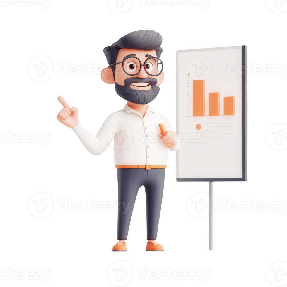 A cartoon businessman presenting a report with charts and data insights. png