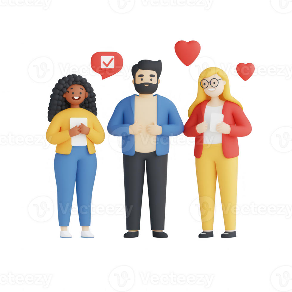 Three diverse characters enjoying a social moment with positive symbols. png