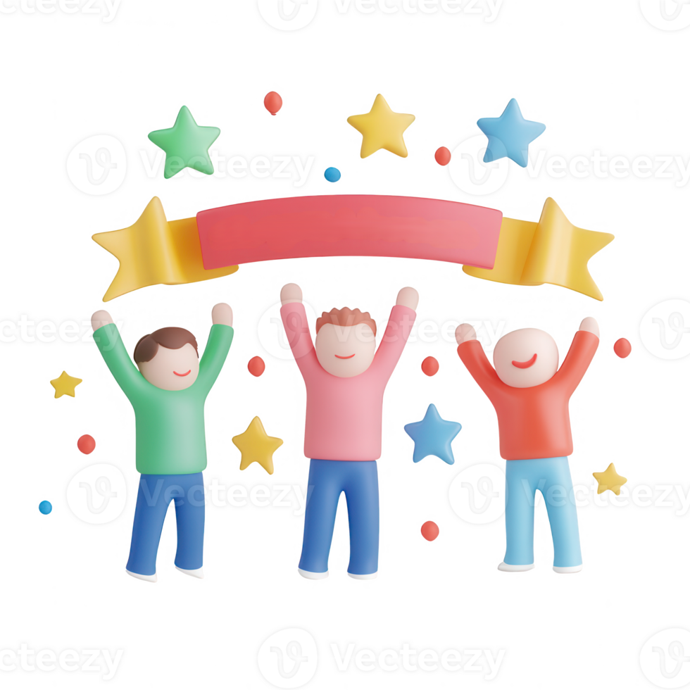 Three joyful characters celebrating under colorful stars and a banner. png