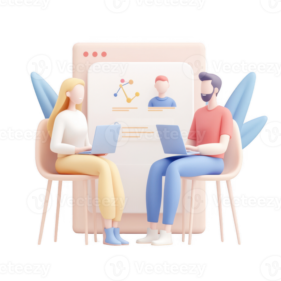 Collaborative team members engage in remote work via laptops in a modern setting. png