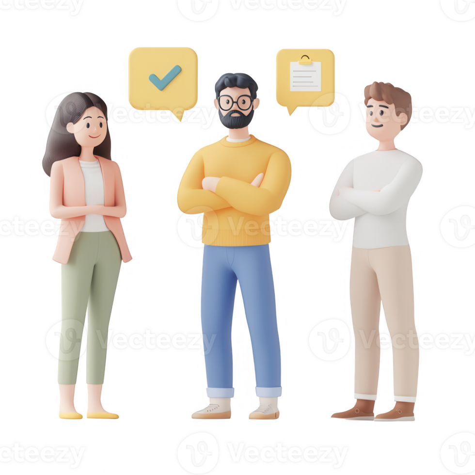 Three diverse characters engaging in conversation about a project. png