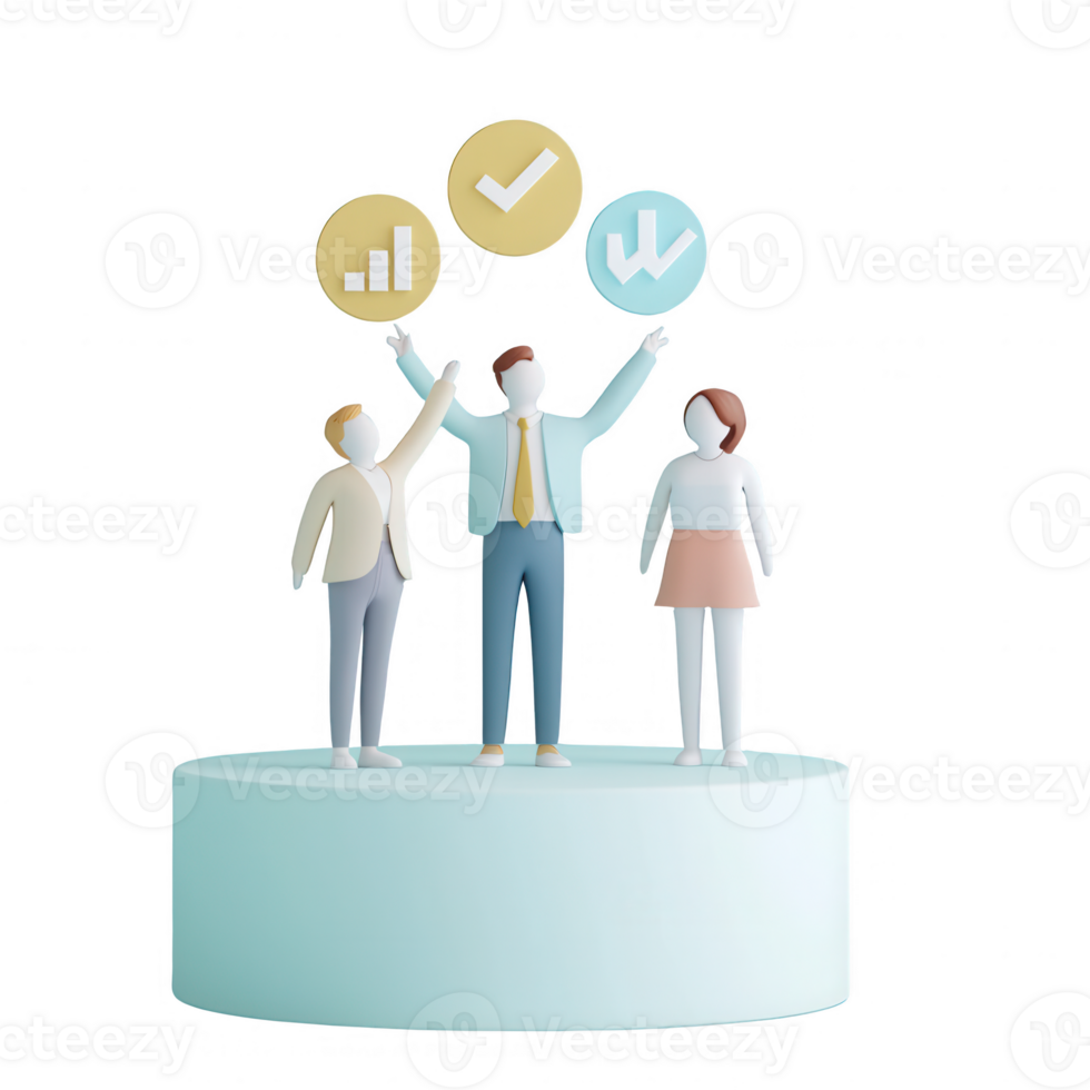 Three figurines celebrating business success with charts and symbols of growth. png