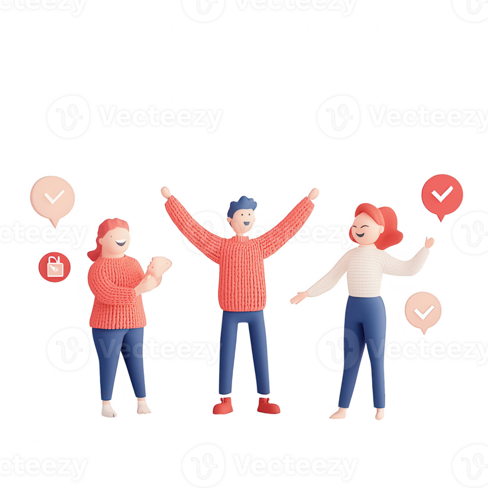 Three joyful individuals celebrating success and communication in a vibrant setting. png