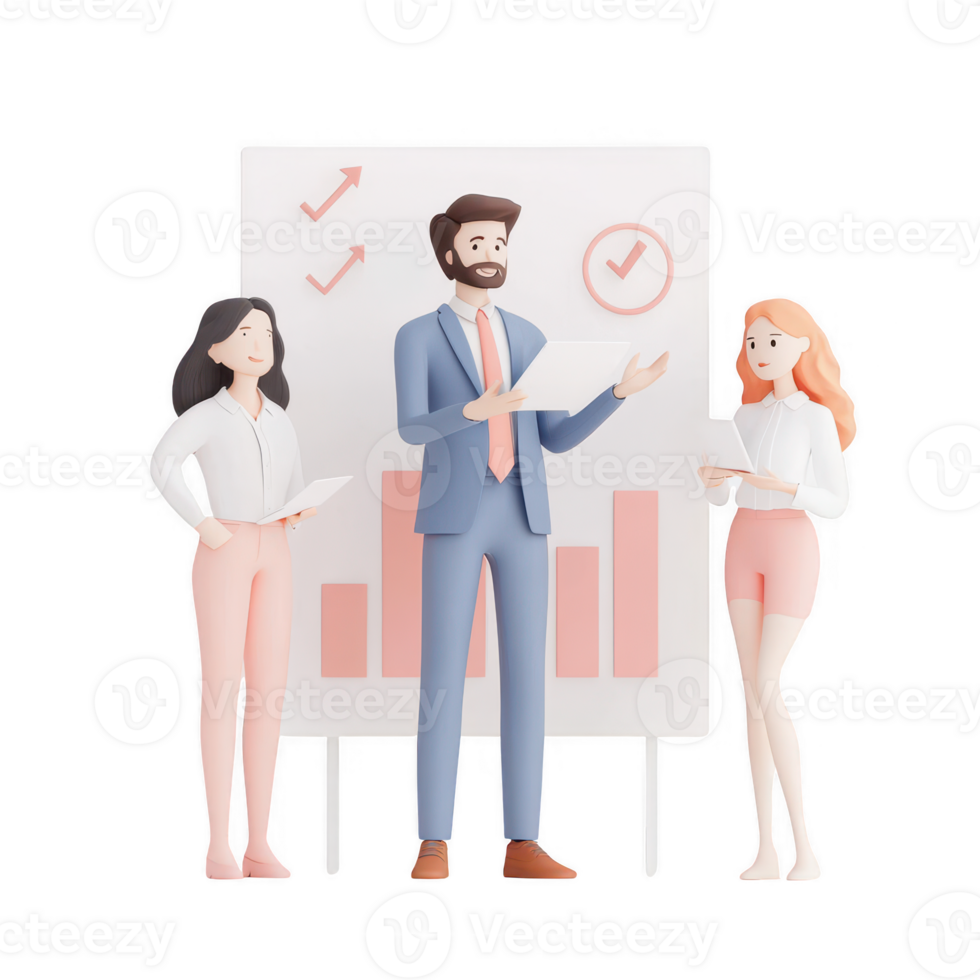 Three professionals discussing project strategies and progress on a presentation board. png