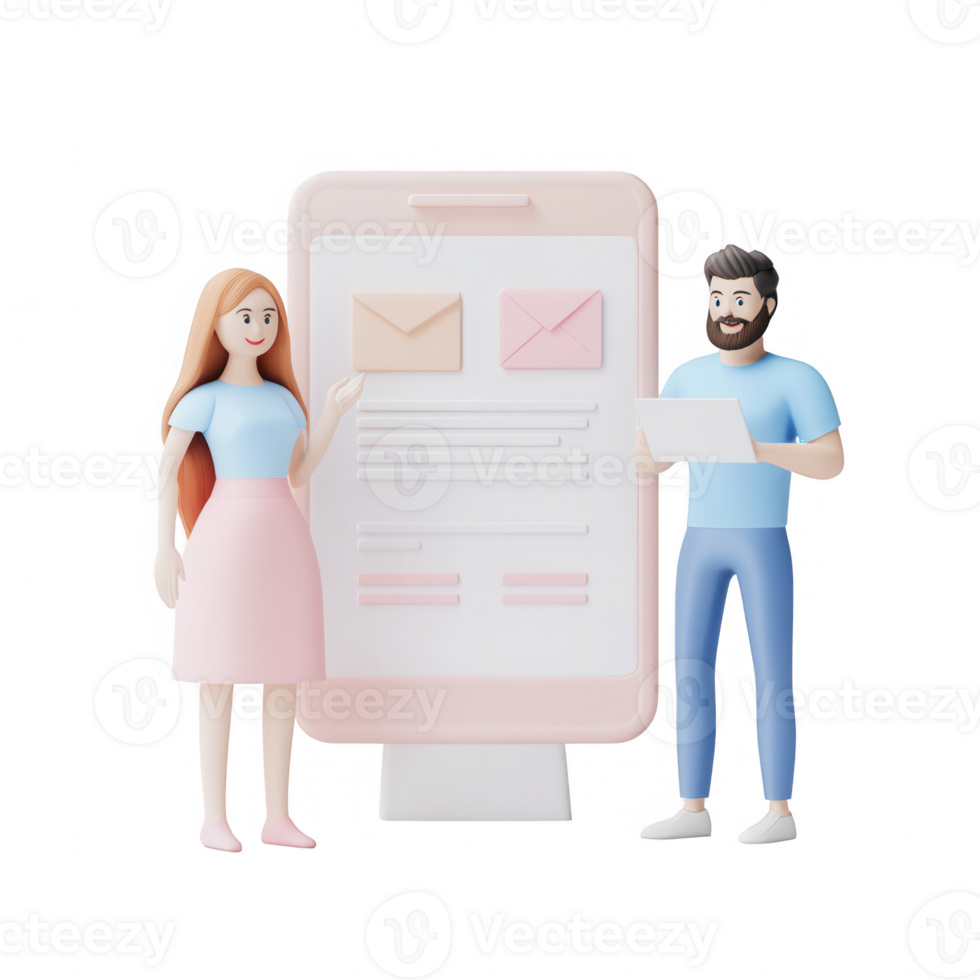 Two people discussing digital communication with a smartphone interface. png