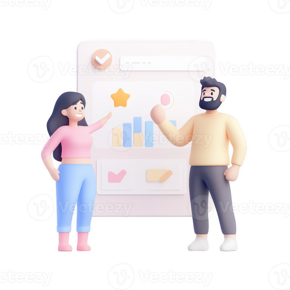 Two characters discussing progress on a colorful dashboard with graphs and metrics. png