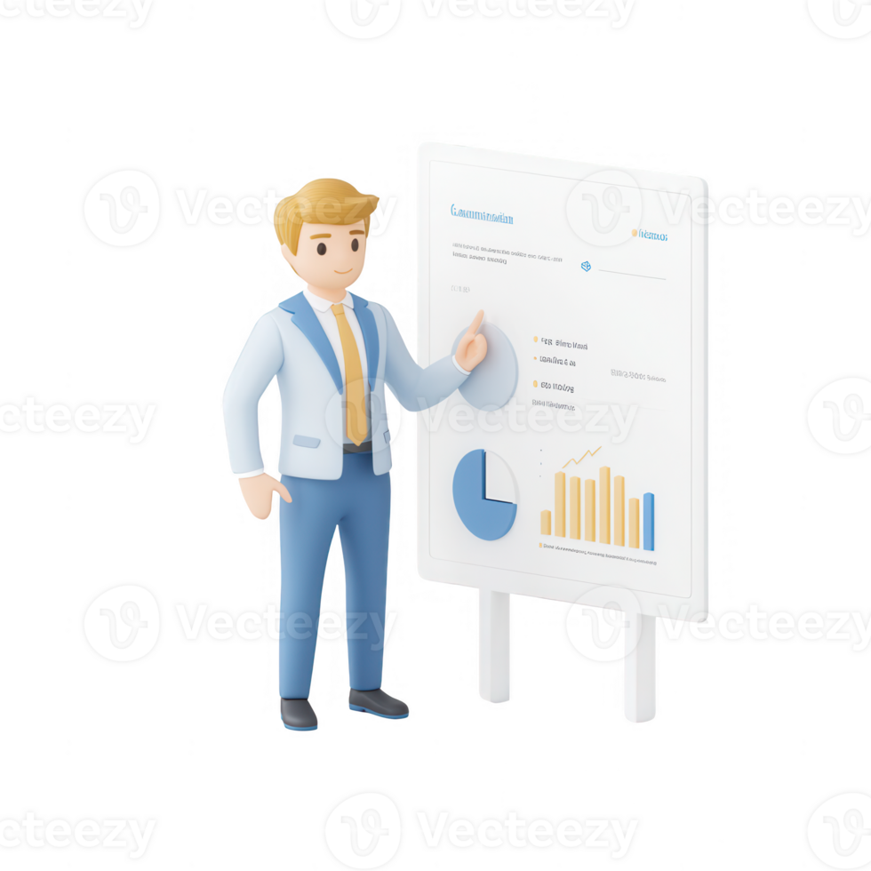 A professional man presents a chart on a board, showcasing business data insights. png