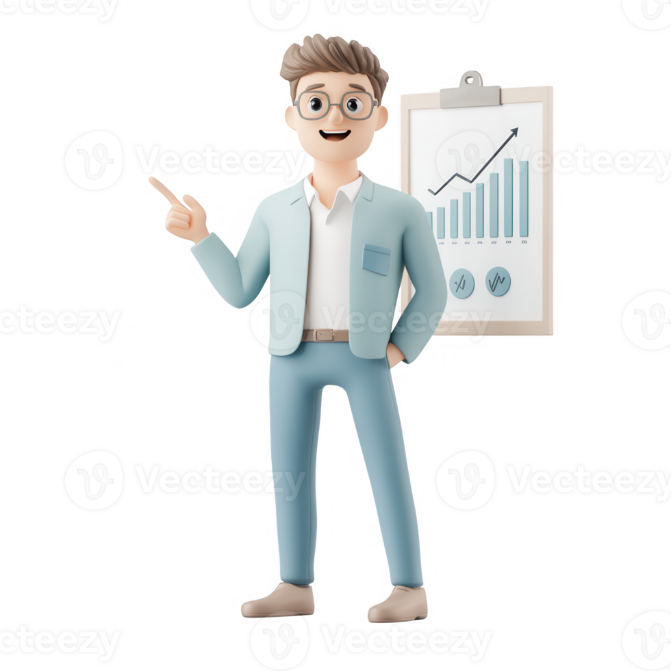 A professional character presenting a growth chart with confidence and clarity. png