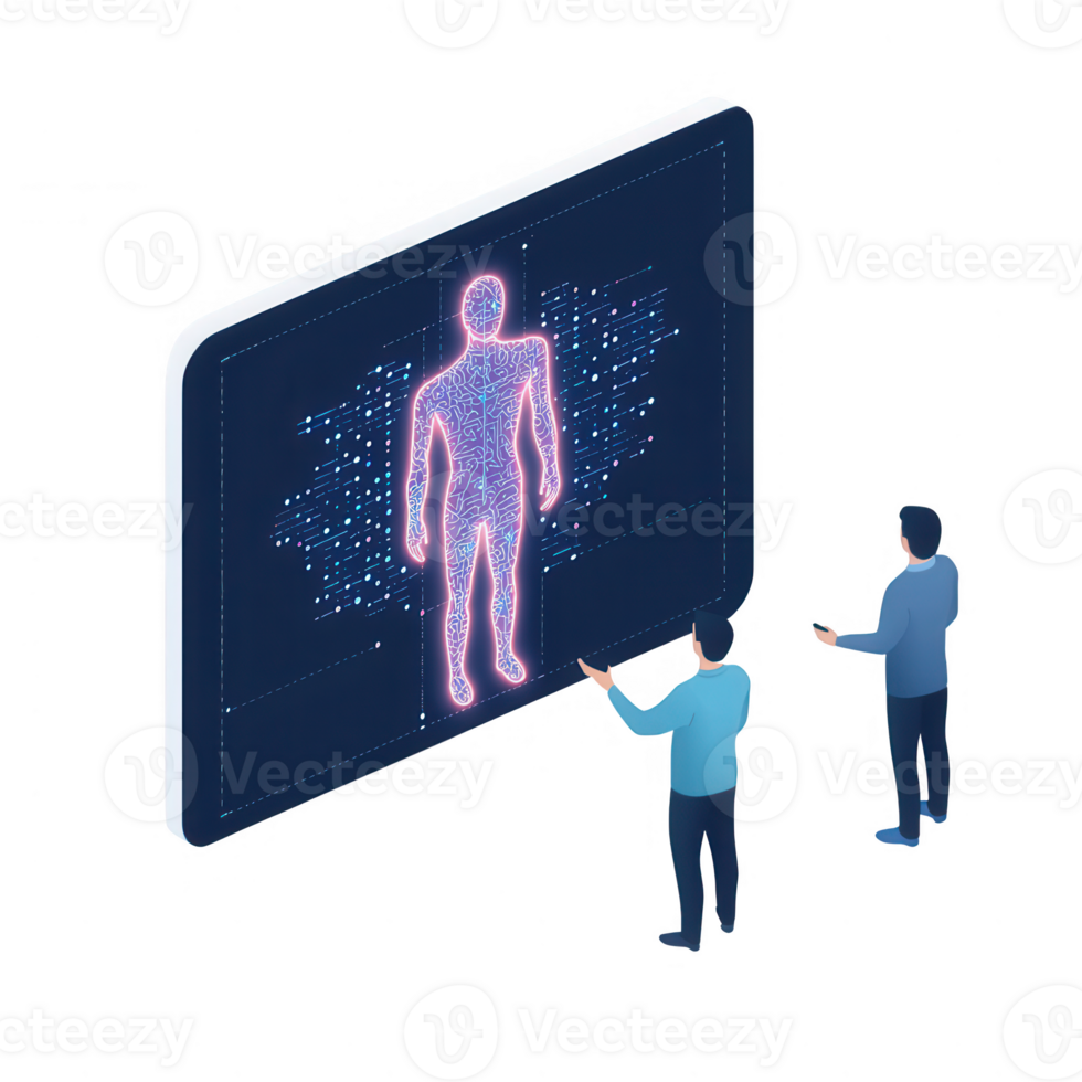 Two people examining a holographic human figure in a modern tech environment. png