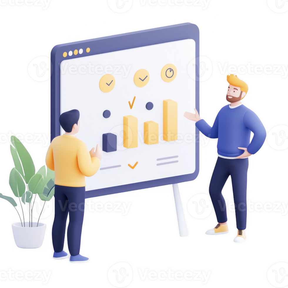 Two men discussing data insights with a presentation screen in a modern office. png