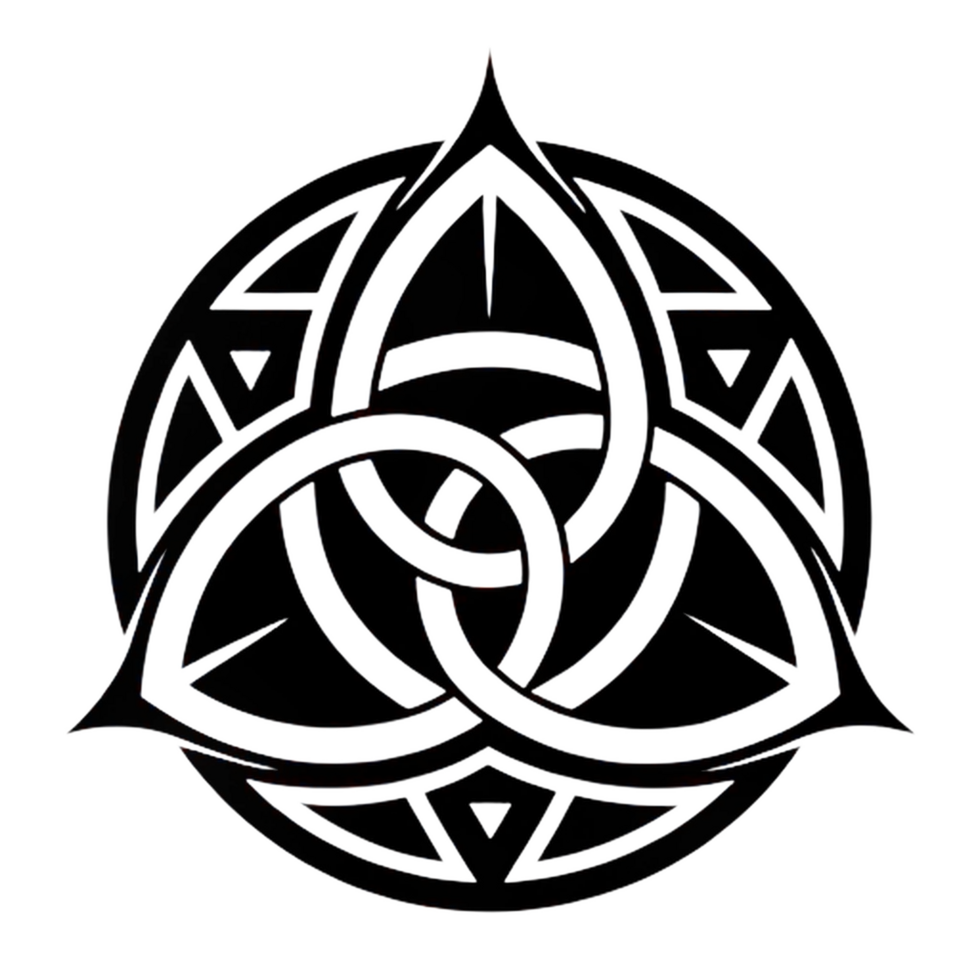symmetrical tribal symbol in black and white, featuring intricate interwoven patterns and shapes, representing unity and connection png
