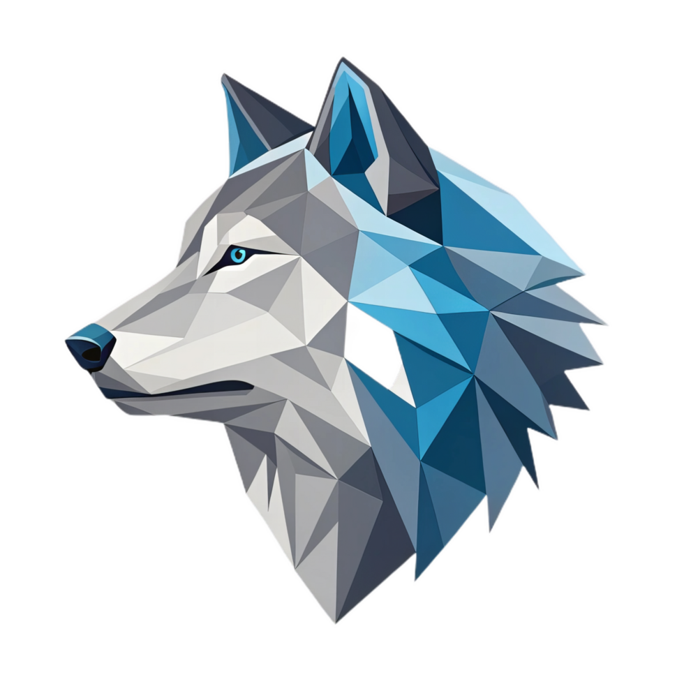 Geometric wolf symbol in modern polygonal design, showcasing sharp angles and blue color palette, representing strength and elegance png