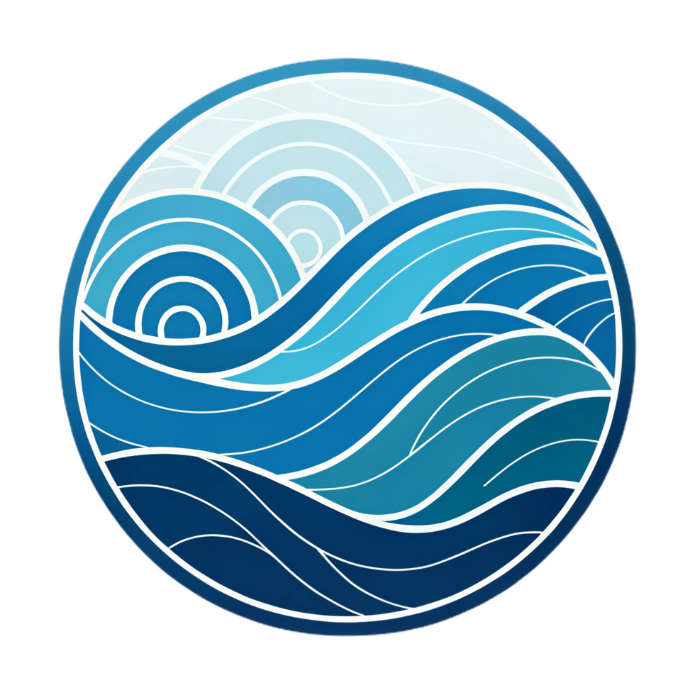 modern circular logo symbol featuring abstract blue waves, showcasing various shades of blue and intricate wave patterns. This design evokes sense of calm and tranquility png