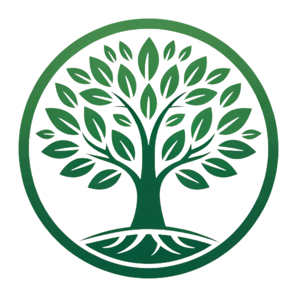 minimalist tree symbol with green leaves and circular design, representing nature and growth. This emblem conveys harmony and environmental awareness png