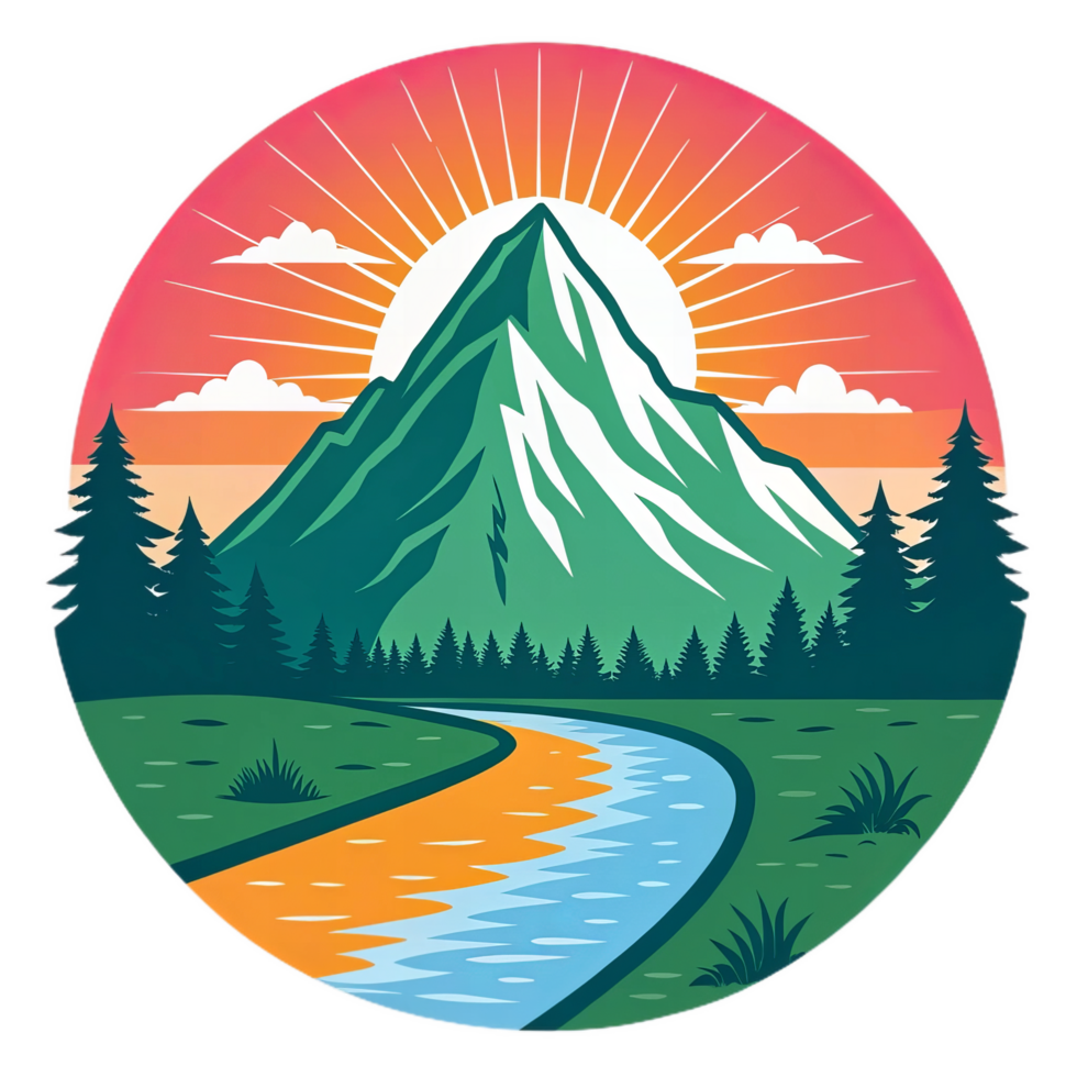 vibrant nature inspired symbol featuring mountain, river, and sun. design showcases lush greenery, tall trees, and serene landscape, evoking sense of adventure and tranquility png